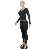 Women Casual Ribbed Solid Top and Pants Two-Piece Set