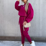 Women Casual Solid Hoodies and Pants Two-piece Set