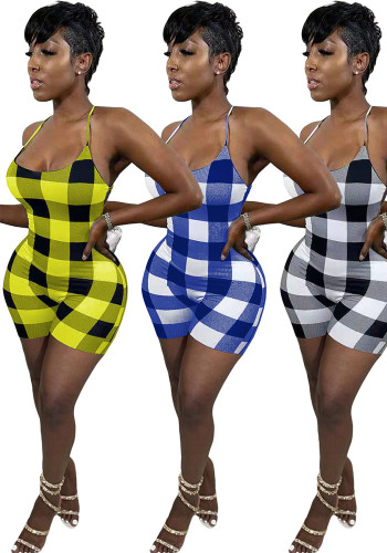 Women Sexy Printed Plaid Romper