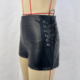 Women Autumn and Winter Black Stretchy Pu-Leather Shorts