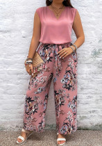 Plus Size Women Vest Floral Print Trousers Two-piece Set