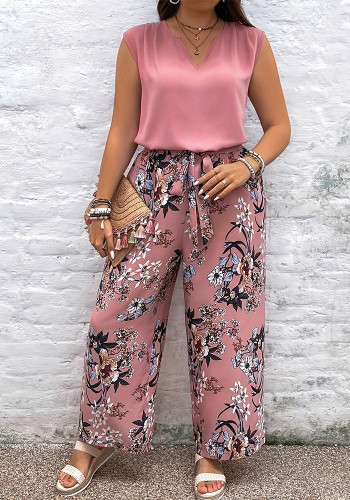 Plus Size Women Vest Floral Print Trousers Two-piece Set