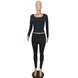 Women Casual Ribbed Solid Top and Pants Two-Piece Set