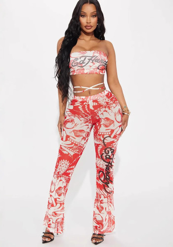 Women sexy printed lace strapless top and trousers two-piece set