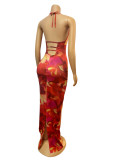 Women printed Halter Neck Lace-Up sexy backless bodycon dress