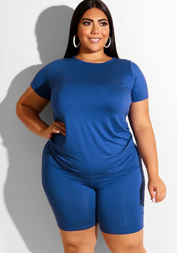 Plus Size Women Casual Solid Round Neck T-shirt and Shorts Two-piece Set