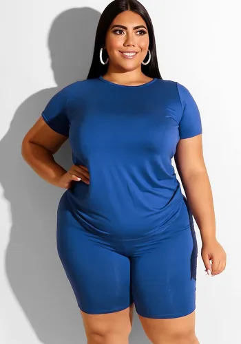 Plus Size Women Casual Solid Round Neck T-shirt and Shorts Two-piece Set