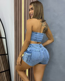Women denim sexy strapless top and cargo shorts two-piece set