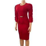 Plus Size Women Ruffle Edge Patchwork Sexy Dress With Belt