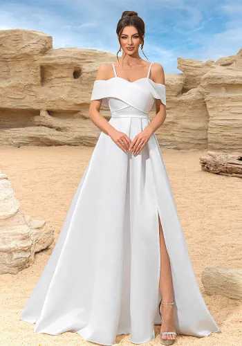 Women Slit White Off Shoulder Suspender Elegant Evening Dress