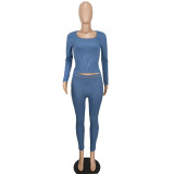 Women Casual Ribbed Solid Top and Pants Two-Piece Set