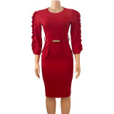 Plus Size Women Ruffle Edge Patchwork Sexy Dress With Belt