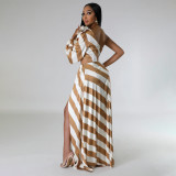 Women’s Sexy Summer Slash Shoulder Striped High-Slit Maxi Dress