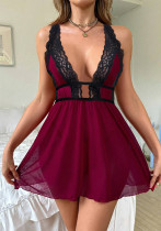 Erotic Lingerie Sexy Strap See Through Lace Patchwork Deep V-neck Night Dress