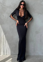 Women’s Sexy Black Lace-Up Hollow Long-Sleeve Long Dress