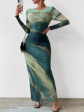 Women’s Sexy Round Neck Mesh Print Ruched Slit Dress