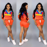 Women’s Casual Spring Color Block Patchwork Two-Piece Hooded Shorts Set