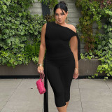Women’s Summer Fashion Plus-Size Solid One-Shoulder Tie Top Shorts Set