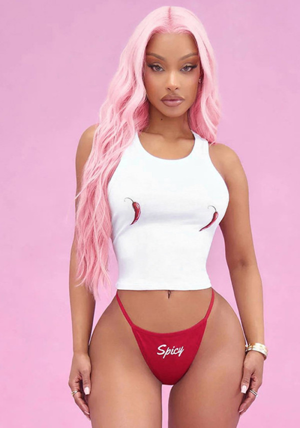 Women’s Spring Summer Chili Print Crop Tank Top Panty Two-Piece Set