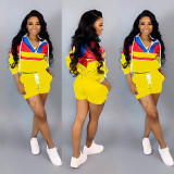 Women’s Casual Spring Color Block Patchwork Two-Piece Hooded Shorts Set