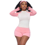 Women’s Activewear Contrast Color Sportswear Long-Sleeve Top Shorts Two Piece Set