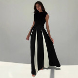 Women’s Elegant Evening Gown Contrast Patchwork Sleeveless Maxi Dress