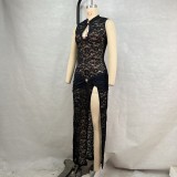 Women’s Sexy Summer Hollow Lace High-Slit Maxi Dress