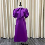 Plus size women's summer bow ladies solid color banquet dress skirt short sleeves