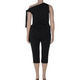 Women’s Summer Fashion Plus-Size Solid One-Shoulder Tie Top Shorts Set