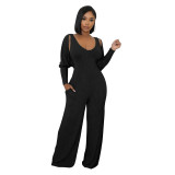 Women’s Fashion Ribbed High-Stretch Cape Top Sleeveless Jumpsuit Set