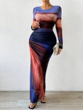 Women’s Sexy Round Neck Mesh Print Ruched Slit Dress