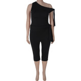 Women’s Summer Fashion Plus-Size Solid One-Shoulder Tie Top Shorts Set