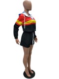 Women’s Casual Spring Color Block Patchwork Two-Piece Hooded Shorts Set
