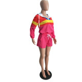 Women’s Casual Spring Color Block Patchwork Two-Piece Hooded Shorts Set