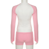 Women’s Activewear Contrast Color Sportswear Long-Sleeve Top Shorts Two Piece Set