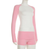 Women’s Activewear Contrast Color Sportswear Long-Sleeve Top Shorts Two Piece Set
