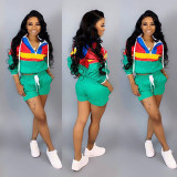 Women’s Casual Spring Color Block Patchwork Two-Piece Hooded Shorts Set