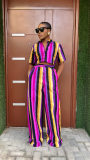 Women’s Summer Casual Wear Striped Print Short-Sleeve Two-Piece Pants Set