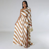 Women’s Sexy Summer Slash Shoulder Striped High-Slit Maxi Dress