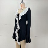 Women’s Fashion Color Block Ruffled V-neck Bell Sleeves Casual Dress