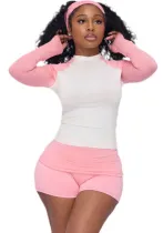 Women’s Activewear Contrast Color Sportswear Long-Sleeve Top Shorts Two Piece Set