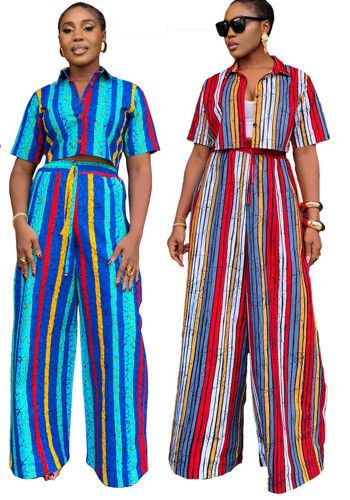 Women’s Summer Casual Wear Striped Print Short-Sleeve Two-Piece Pants Set