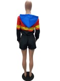Women’s Casual Spring Color Block Patchwork Two-Piece Hooded Shorts Set