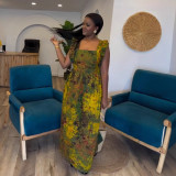 Women’s Fashionable Elegant Ruffled Strap Backless Pleated Print Dress