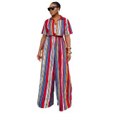 Women’s Summer Casual Wear Striped Print Short-Sleeve Two-Piece Pants Set