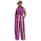Women’s Summer Casual Wear Striped Print Short-Sleeve Two-Piece Pants Set
