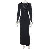 Women’s Sexy Black Lace-Up Hollow Long-Sleeve Long Dress