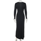 Women’s Sexy Black Lace-Up Hollow Long-Sleeve Long Dress