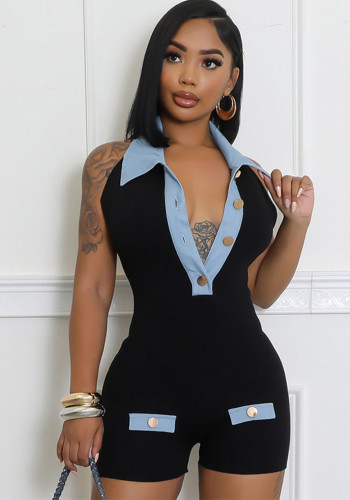 Women’s Summer Fashion Slim Fit Contrast Denim Short Jumpsuit