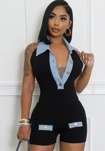 Women’s Summer Fashion Slim Fit Contrast Denim Short Jumpsuit